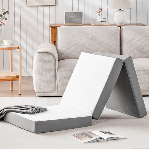 Colchón plegable individual, cubrecolchón plegable de espuma viscoelástica con bolsa de almacenamiento y manta, colchón triple portátil con funda transpirable lavable para camping, suelo, invitados