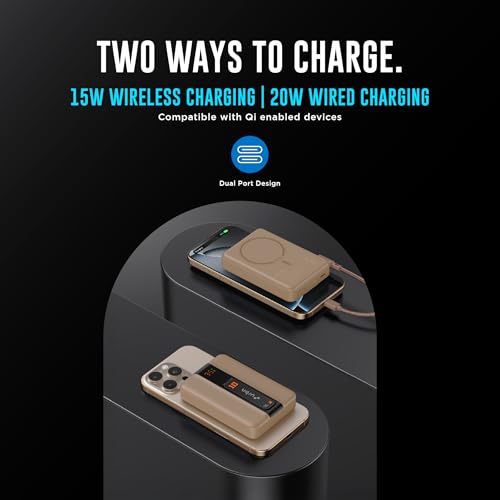 Image of URBN One Premium MagSafe Power Bank 10000mAh | 15W Fast Magnetic Wireless Charging | Built-in Detachable Type C Cable | Dual Port with Pass Through Charging (Mocha)