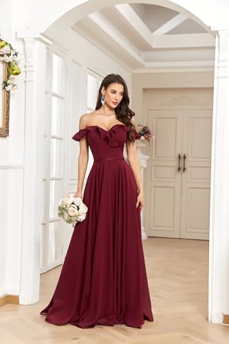 Off The Shoulder Bridesmaid Dresses for Wedding Ruffle Chiffon A Line Formal Evening Gown Long Prom Dress2