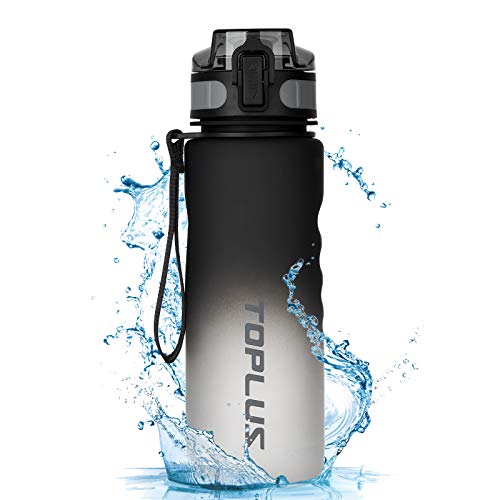 TOPLUS Sport Trinkflasche Auslaufsicher Tragbare Sportflasche Kunststoff Wasserflasche Fahrradflasche für Kinder,Fahrrad,Schule,Camping Freien,Outdoor,Gym[BPA Frei Tritan] (Farbverlauf-schwarz, 500ML) Cover