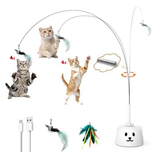 Interactive Cat Toys for Indoor Cats: Upgraded 360° Automatic Spin Flying Bird Feather Wand with Silicone Protected Rod Safe Play, Strong 8cm Suction Cup, USB-Rechargeable for Bored Kittens and Adult