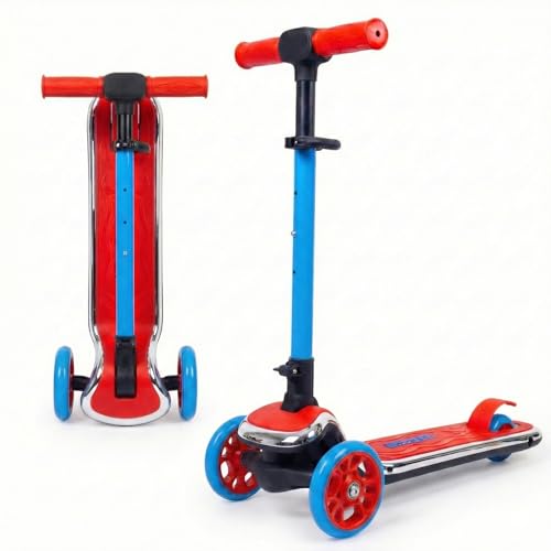 Image of STREETJAM Kurbee Kids Kick Scooter for 3-12 Years, Dazzling Chrome-Finished Deck (1st Time in India), BIS Approved, Extra Wide Deck, Two-Tone Design, Up to 50 kg Load (Red with Blue)