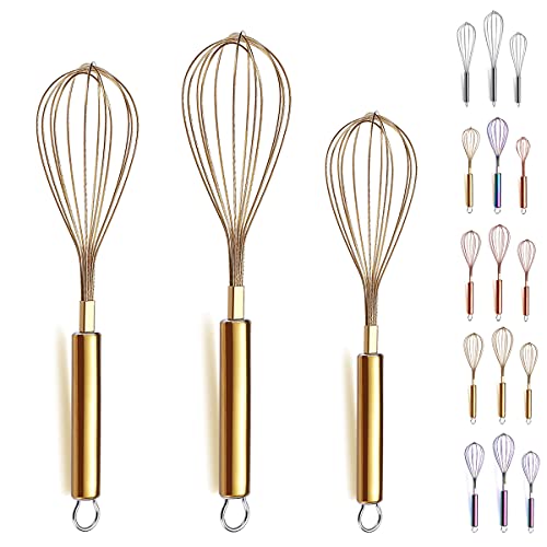 Goldener Schneebesen,Kyraton Edelstahl Schneebesen 8',10',12' 3 Stück,Titanbeschichteter Goldener,geeignet für die Küche,zum Kochen,Rühren und Schlagen verwendet.