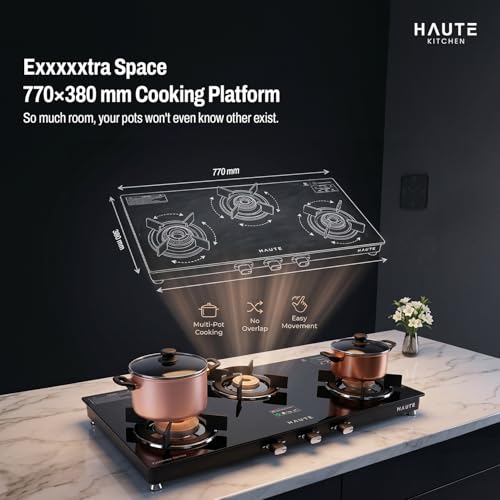 Image of Haute Essencia Series All Black 3 Burner Gas Stove | Manual Ignition | 7mm Toughened Glass | ABS Unbreakable Knobs | Doorstep Service | 7-Year Glass & 2-Year Manufacturing Warranty