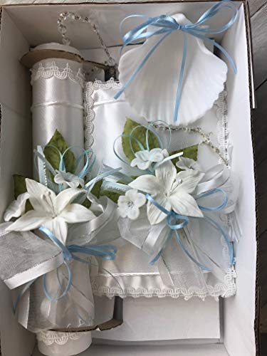 OOKi- Flower Cross Baptism Candle Set Kit for Christenings with Shell - Spanish (Blue)