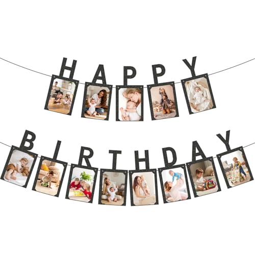 Image of Birthday Photo Banner, Kraft Happy Birthday Photo Banner Party Album Garland for Kids and Adults Party Decoration (Black)