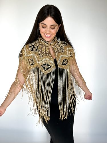Art Deco 1920s Beaded Fringe Bolero Bridal Shawl - Gold Sequin Evening Designer Cover Up for Weddings2
