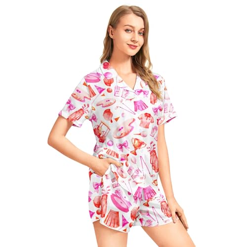 Image of Funny Pajamas for Women Set Print Satin Loungewear Pjs Short Sleeve Button Down Top and Shorts Sets Sleepwear XS-3XL