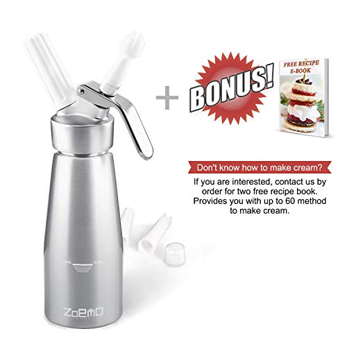 Zoemo Professional Whipped Cream Dispenser 250Ml (N2O Cartriges Not Included) - Cream Whipper With Sturdy Aluminum Body And Head - Half Pint Whipper Creates 2-3 Pints Of Fresh Whip Cream #TOP2