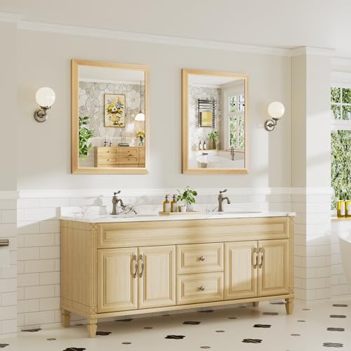 Image of 28x36 Inch Bathroom Mirror for Wall, Anti-Rust Oak Wood Grain Metal Framed Bathroom Mirrors for Over Sink,Rectangler Mirrors for Bathroom Vanity, Farmhouse, Bedroom, Living Room, Entryway Decor