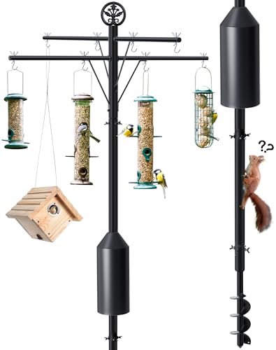 Feekoon 95 Inch Bird Feeder Pole with Torpedo Squirrel Proof Baffle, Heavy Duty Steel Squirrel Proof Pole System with Hanging Stations, Ideal for Holding 8 Feeders, Wind Chimes, Plants