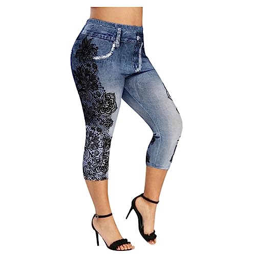Faux Denim Leggings for Women Plus Size High Waisted Yoga Pants Capri Jeggings Short Tights Stretch Denim Jeans