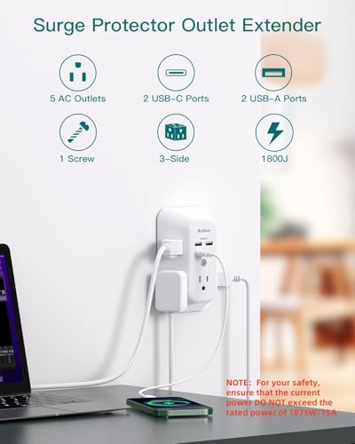 Image of Addtam 5-Outlet Extender Surge Protector, Multi Plug Wall Outlet with 4 USB Wall Charger(2 USB C), Outlet Splitter Power Strip for Home Office Dorm Room Essentials, Plug Extension Outlet 1800J, 2 Pack