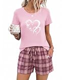 Marvmys Schlafanzug Damen Kurz Baumwolle Kurzarm Zweiteiliger Pyjama Set Sommer mit Karierten Shorts Rundhals Nachtwäsche S XXL