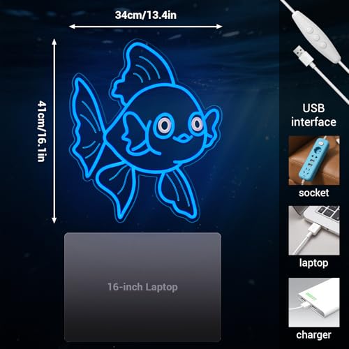 Image of Neon Signs for Wall Decor Lucky Blue Goldfish LED Signs for Wall Art Decor Ocean theme Restaurant Home Bar Kitchen Dining Bedroom Decor Christmas Gifts