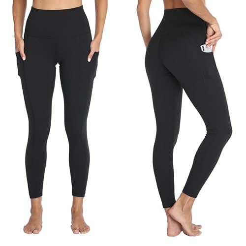 TNNZEET Leggings Damen High Waist mit Taschen Sporthose Blickdicht Sportleggins Lang Weiche Yogahose Elastische Hosen Sport Gym Laufhose(Schwarz,L-XL)