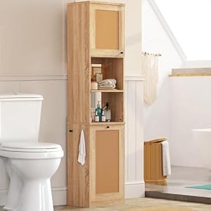 EROMMY 68″ Tall Bathroom Linen Tower, Slim Bathroom Storage Cabinet with Adjustable Shelves & Tilt Out Bath Towel Bag, Freestanding Rattan Floor Cabinet Storage Organizer