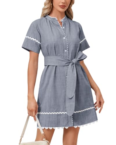 Image of Women's Summer Shirt Dress Short Sleeve Button Down Mini Tie Waist Belted Tunic with Pockets RIC Rac Trim