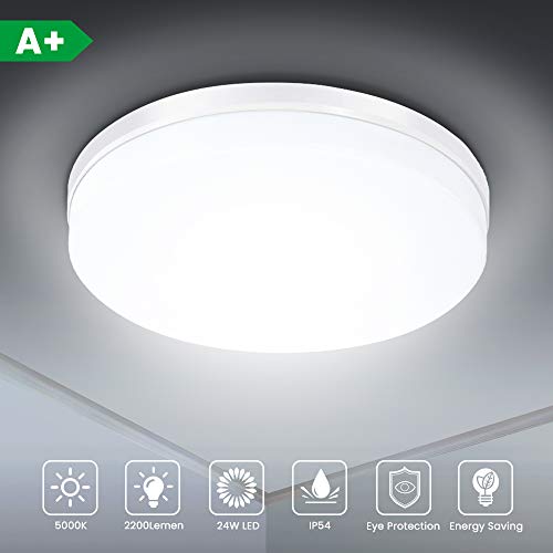 Plafoniera LED Soffitto, SOLMORE Lampada a Soffitto Impermeabile IP54 24W 2200LM Bianco Diurno 5000K Uniforme, Alta Luminosità, Super Leggero, Plafoniera Moderna per Bagno Camera da Letto Corridoio