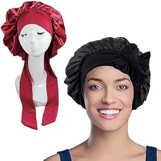 WUBAYI 2PCS Satin Bonnet, Silk Bonnet Hair Wrap for Sleeping, Hair Bonnet for Bath, Tie Band for Women Long Curly Braid Hair