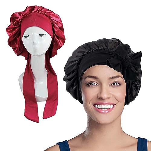 WUBAYI 2PCS Satin Bonnet, Silk Bonnet Hair Wrap for Sleeping Hair Bonnet for Bath Tie Band for Women Long Curly Braid Hair (Black, Red)