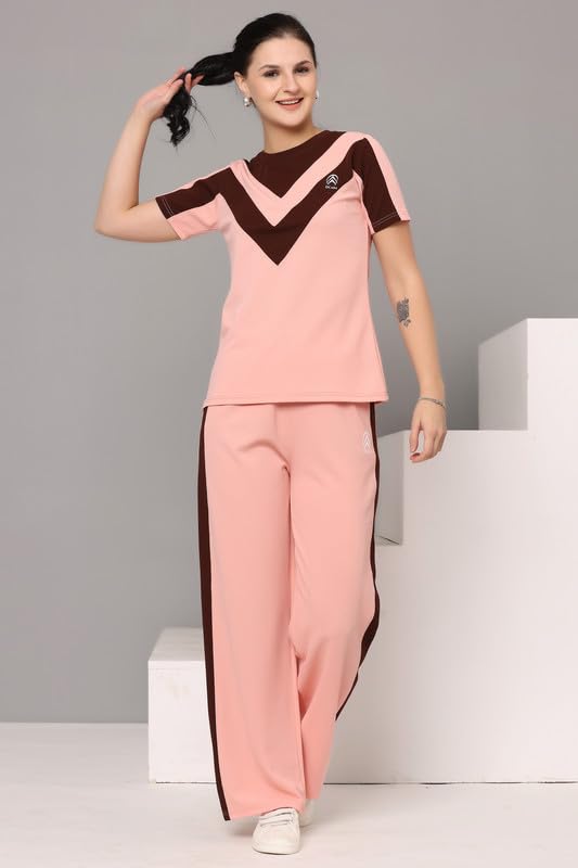 Image of Women's Cotton Blend Athletic Tracksuit - Round Neck Pullover Top & Bottom Set for Women and Girls | Sportswear & Loungewear Co-ord Set