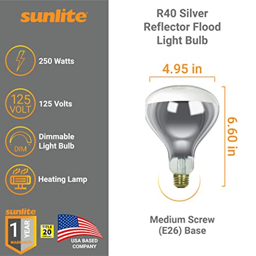 Sunlite 41731 R40 Reflector Flood Light Bulb, Heat Lamp, 250 Watts, 125 Volts, Medium Base (E26), Dimmable, 2,000 Hours Life Span, Title 20 Approved, Silver Clear, 6 Count #TOP1