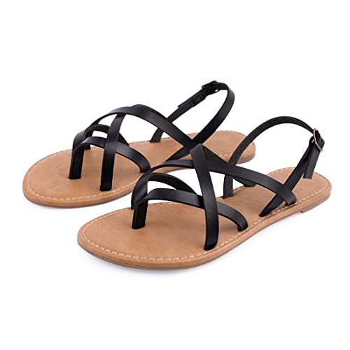 Image of Huayuanwell Women's Gladiator Flat Sandals Fisherman Strappy Sandals Ankle Strap Sandals