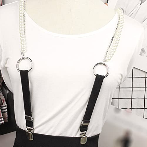 Women's Pearl and Rhinestone Chain Y Suspender with 3 Metal Clips on Belts Adjustable Elastic Braces for Lady Girls, Black4