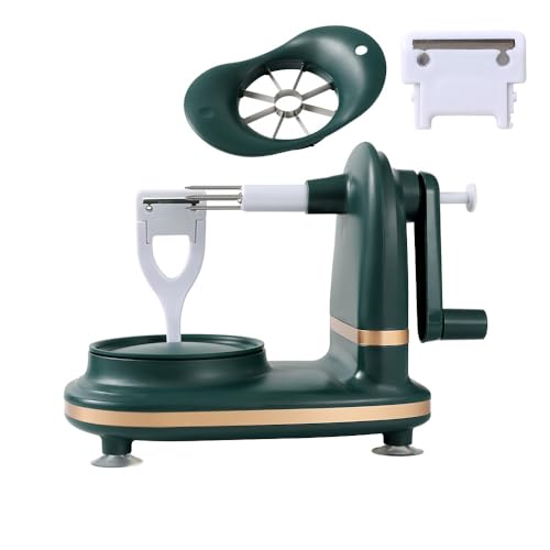 Eiuuioj手回し式リンゴ皮むきツール、家庭用自動果物皮むき機 (濃い緑,リンゴの皮むき器 + スライサー + ナイフヘッド)