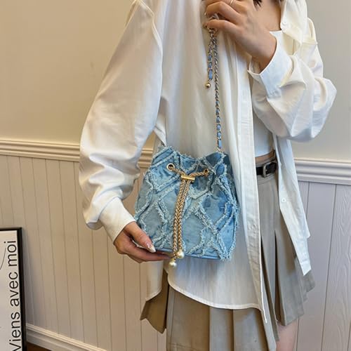 Image of Small Denim Bucket Bag, Jean Purses for Women Denim Crossbody Bags Hobo Bag Drawstring Handbag