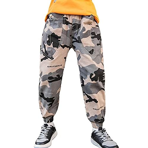 Rolanko Boys' Cargo Pants Casual Kids Joggers Elastic Waist Outdoor Hiking Baggy Trousers 4-14 Years 6-7 A-camouflage