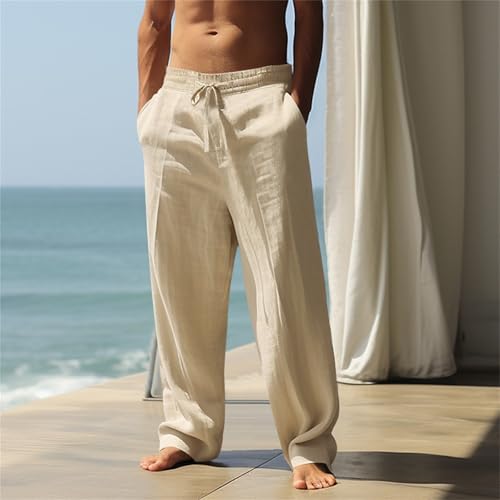Men's Cotton Linen Pants Elastic Waist Drawstring Wide Leg Pant Relaxed Fit Yoga Beach Trousers with Pockets2