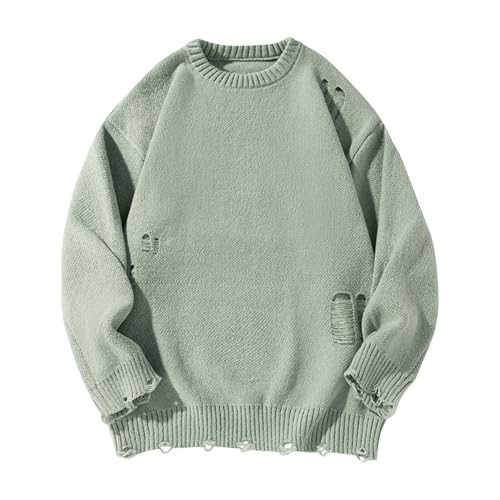 Mens Distressed Sweater Crewneck Pullover Sweater Long Sleeve Knit Sweater Casual Loose Fit Sweater Fall Winter Tops