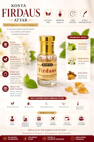 Image of KOSTA Jannatul Firdaus Attar 6ml | Alcohol-Free Long Lasting Perfume Oil | Fresh Woody Floral Fragrance | Unisex Roll-On Attar for Men & Women | Pocket Size Perfume