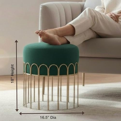 Image of Premium Set of 2 Gold Metal Ottoman Pouffe stool & Footrest for Living Room & Bedroom | Bottle Green Soft & Classy Mosha Fabric With Arch frame | 18 inch height | Luxury Multipurpose Furniture & Decor