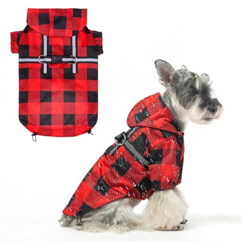 Image of BEAUTYZOO Dog Raincoats for Small Dogs, Waterproof Rain Jacket with Hood | Puppy Rain Jacket with Harness, Reflective Poncho with Harness Built in, Rain Gear Clothes with Hat for Boy Girl, Red S