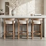 LukeAlon Mid Century Linen Counter Stools Set of 3, Upholstered 26.5' Seat Height Low Barstools with Natural Wood Legs Round Low Back Kitchen Stools with Footrest for Dining Room, Beige