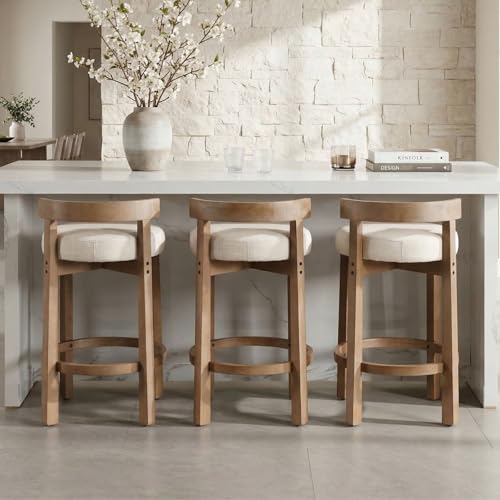 LukeAlon Mid Century Linen Counter Stools Set of 3, Upholstered 26.5' Seat Height Low Barstools with Natural Wood Legs Round Low Back Kitchen Stools with Footrest for Dining Room, Beige
