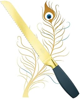Taylors Eye Witness Stunning Satin Gold Coloured Serrated Bread Knife - Great looking Kitchen Utility Knives. 20cm/8 Razor Sharp Titanium Blade. Comfortable Peacock Coloured Handle. 5 Year Guarantee.