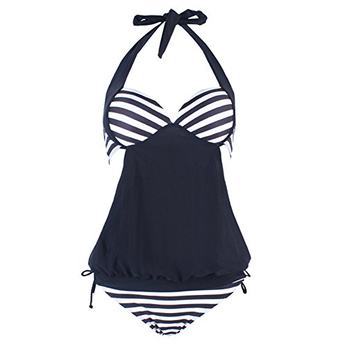 WONDER-BEAUTY Women Striped Splicing Halter Tankini Set Bathing Suits Brazilian Bikini,Black,L (US Size 6-8) WONDER-BEAUTY Women Striped Splicing Halter Tankini Set Bathing Suits Brazilian Bikini,Black,L (US Size 6-8)