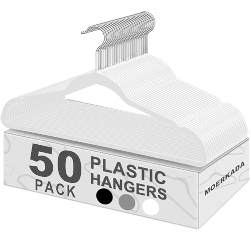 MOERKADA Hangers 50 Pack,Ultra-Thin Plastic Clothes Hangers (17.7 Inch) - Space-Saving Slim Hangers with Non-Slip Grooves for Wardrobe, Closet & Dorm Organization(White)
