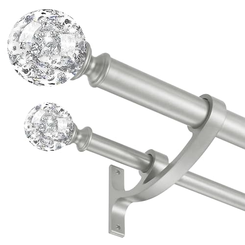 Silver Double Curtain Rod 36 to 72 Inch,Double Decorative Crystal Drapery Rods with Solid Aluminum Bracket Acrylic Sheer Bling Foil Finials,1 Front and 5/8 Back Heavy Duty Curtain Rods for Windows