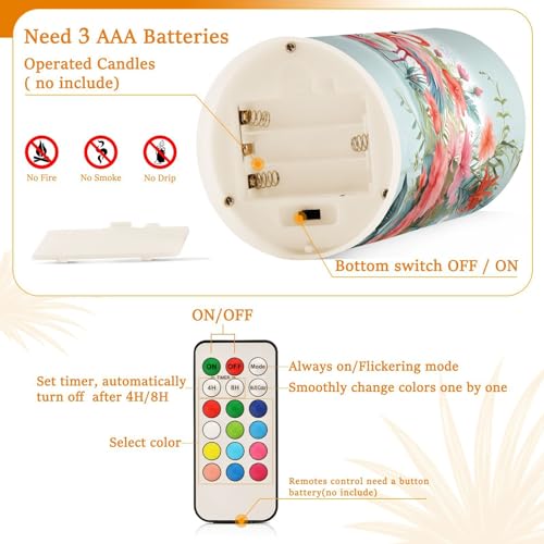 Image of Lights Flameless Candles Flamingo Tropical Flowers Pillar Candles Set of 2 Battery Operated Remote Control Warm Lights Home Decor