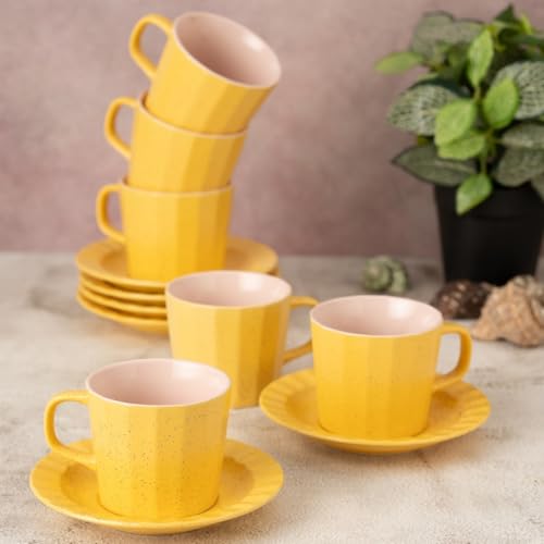 Image of Clay Craft Fine Ceramic Armada Mustard & Pink Cups & Saucer, Set of 12, Cups for Tea & Coffee, Gift Set, Elegant Design for Home and Kitchen and Can Be Gifted to Your Loved Ones On Any Occassions
