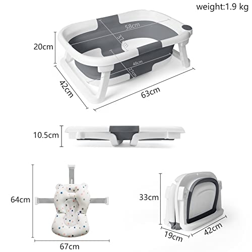 Baby Bath Foldable Tub Collapsible Bathtub Baby Bath Essentials for Newborn with Seat Support Cushion Stand Folding Baths for Toddler 0-12 Months Travel Portable Infant Tubs Soft Bathing Kids Grey - Image 3