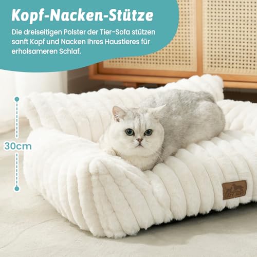 COZY KISS Orthopädisches Hundebett - 65x44x30cm Cord-Kunstfell Großes Katzenbett-Sofa für Katzen & Kleine Hunde, Waschbar Katzen Katzensofa, Kuscheliges Katzencouch mit Kopf- und Nackenstütze, Creme