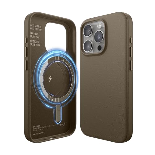 Image of elago Magnetic Leather Case Compatible with iPhone 15 Pro Case, Compatible with All MagSafe Accessories, 6.1 inch - Built-in Magnets, Vegan Leather, Shockproof, Water-Resistant (Taupe)