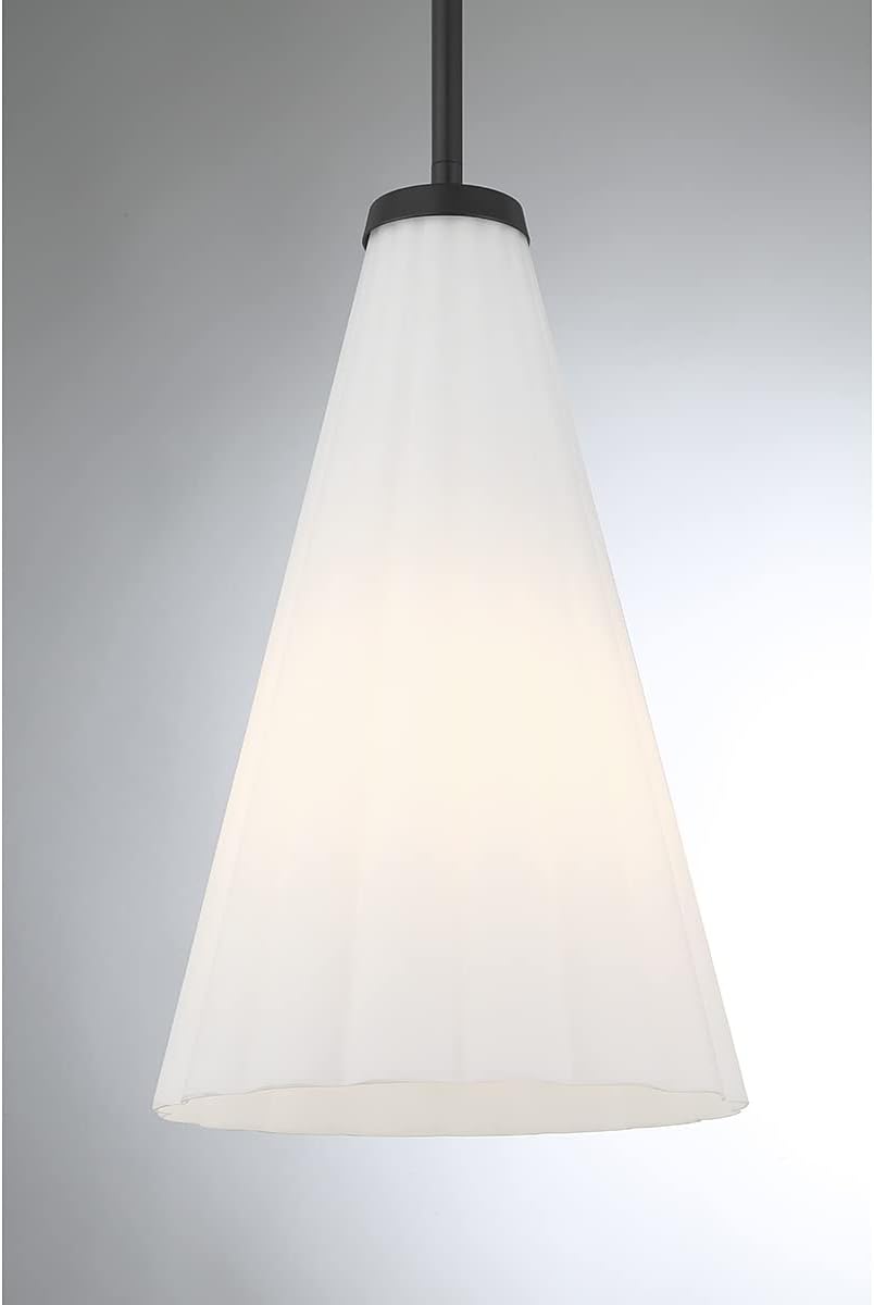 Savoy House 7-8840-1-89 Bristol Vintage Traditional Fluted White Opal Glass Cone Pendant, 1-Light 60 Watt, 15" H x 9" W, Matte Black