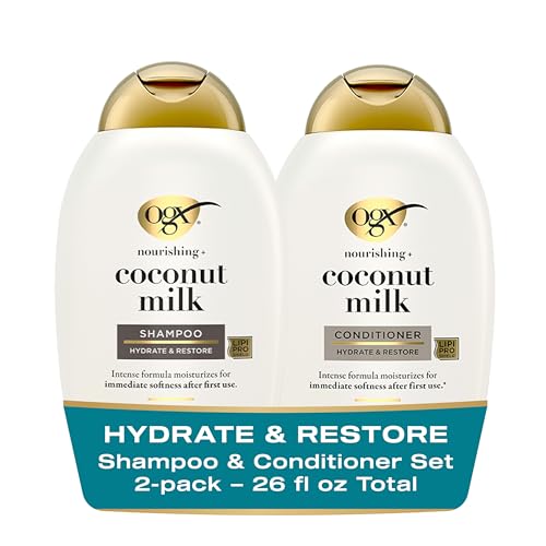 OGX Nourishing + Coconut Milk Sulfate Free Shampoo and Conditioner Set, Hydrates & Softens Hair, Lipi Pro Shield Technology, Creamy Coconut Milk White Peach & Shea Butter Scent, 2 Items, 2 x 13 fl oz